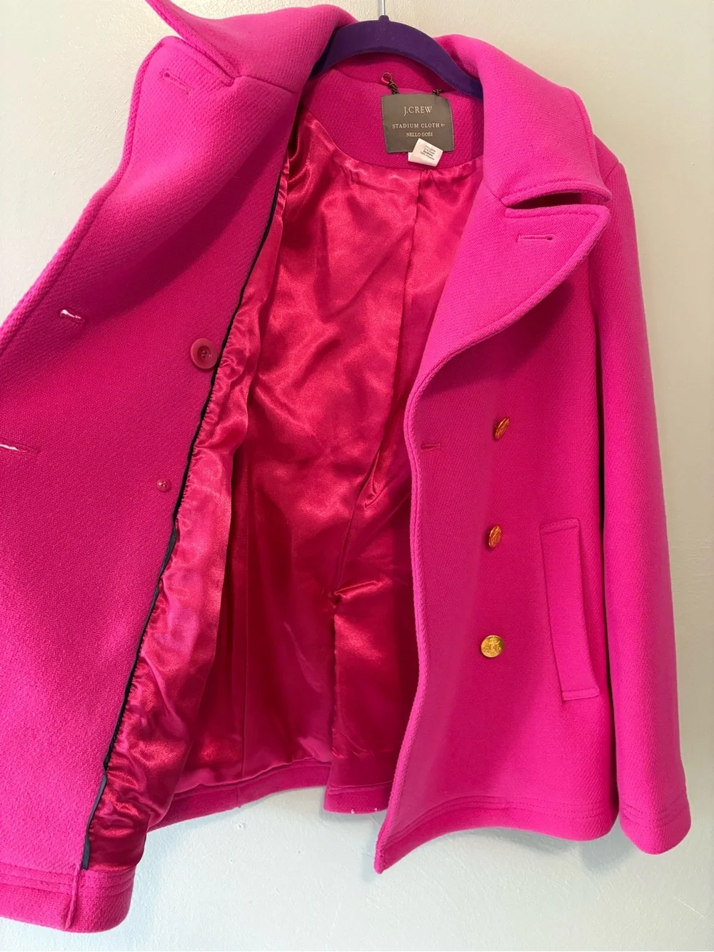 J. Crew Bright Pink Pea Coat Wool - Picture 3 of 7